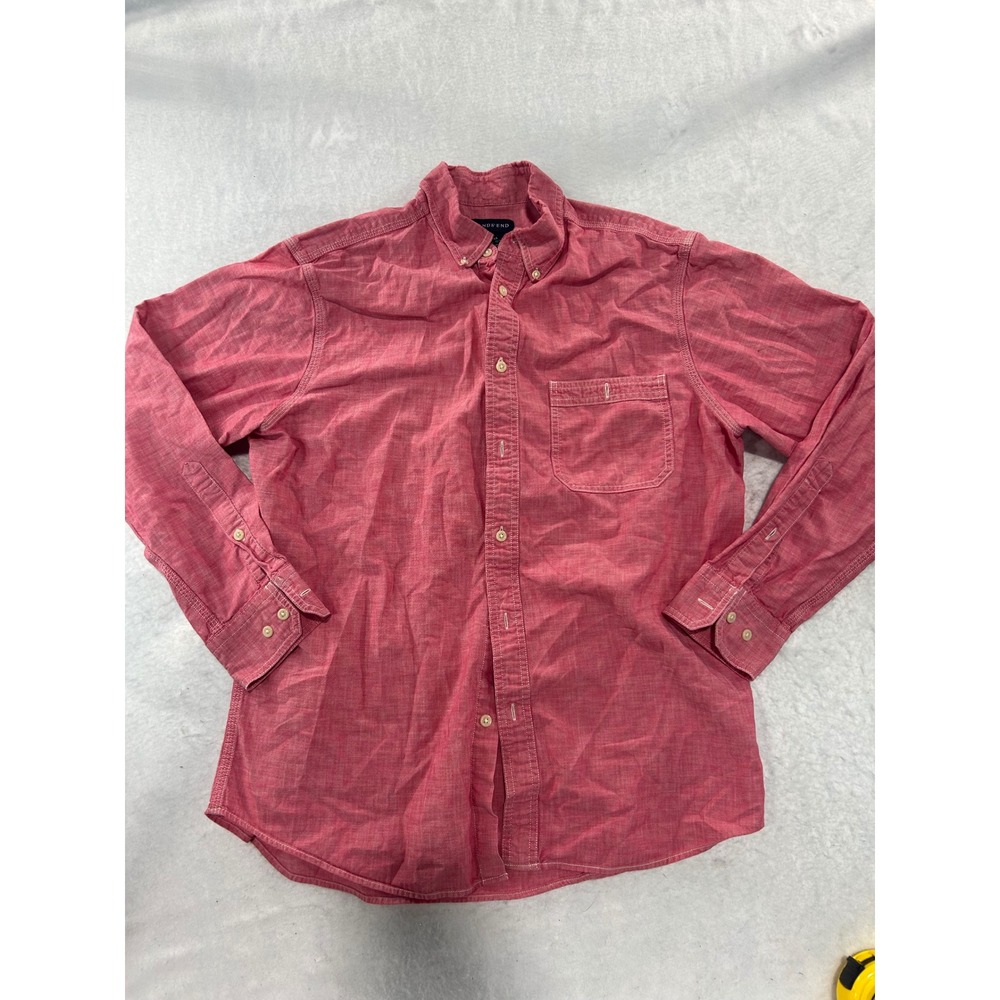 Lands End Mens Red Long Sleeve Button Down‎ Shirt Medium 15-15.5 Chambray Style